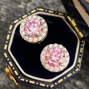 NEW Certified 2ct. t.w. Pink Moissanite Round Halo Stud Earrings